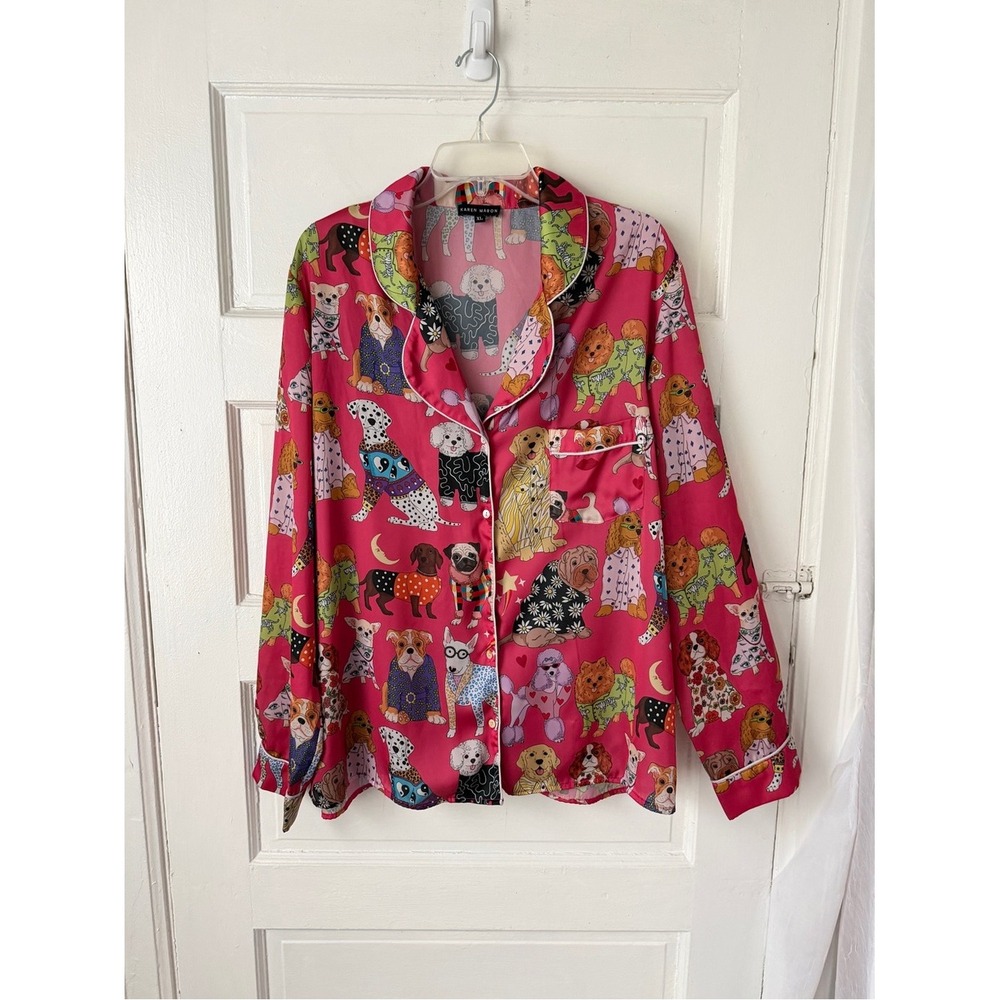 Karen Mabon Pink Dog Print Satin Long Sleeve Pajama Top Button Front XL - Picture 4 of 16